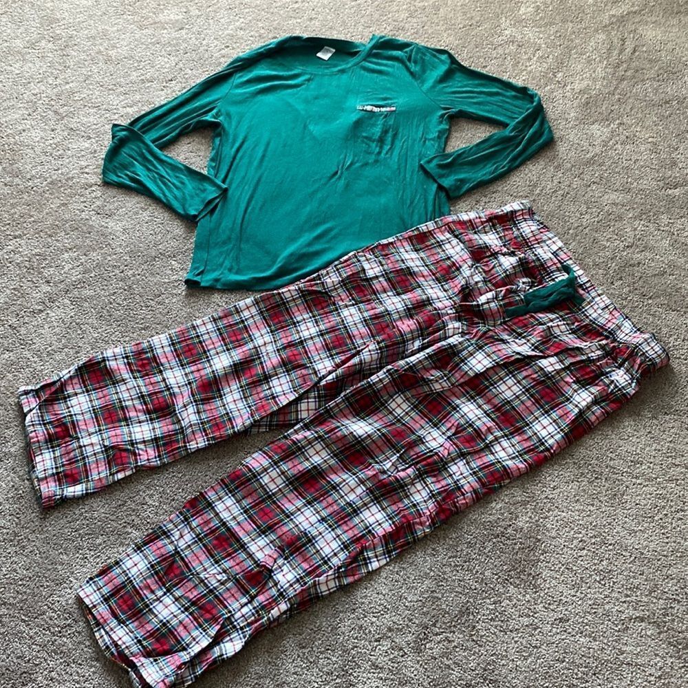Liz Claiborne Plaid Pajama Set Green Long Sleeve Sleepwear SIZE L Christmas